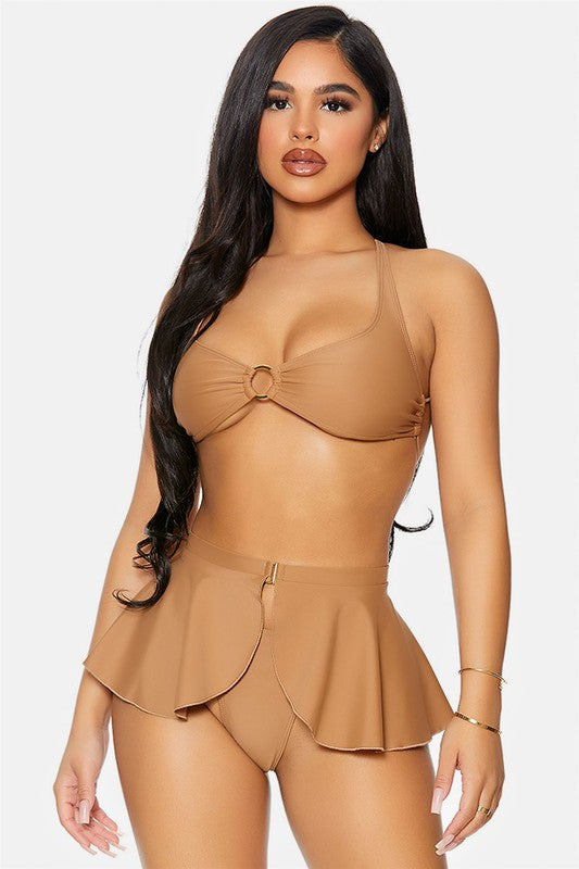 Gold Ring Strappy Back 3 Piece Swimsuit