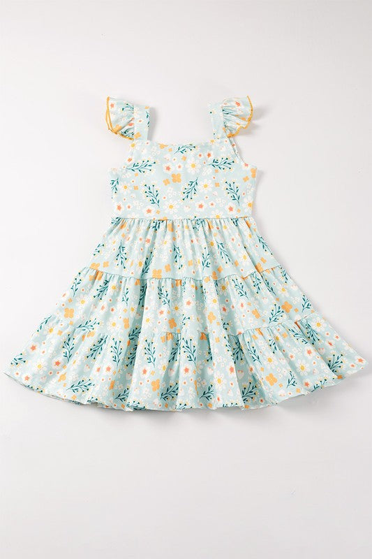 Mint floral print ruffle tiered dress