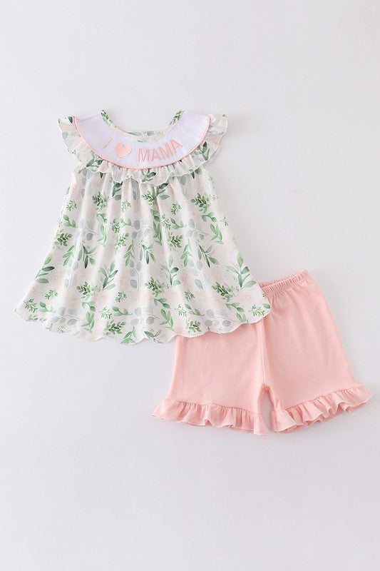 Floral I love MAMA embroidery scallop girl set