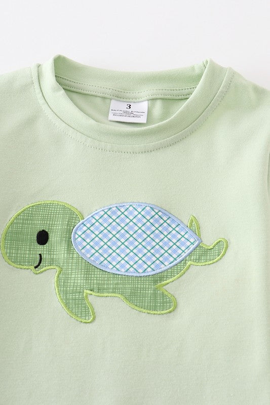 Green turtle applique boy top