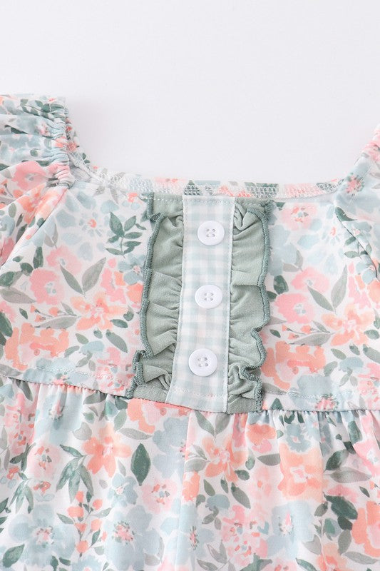 Green floral print ruffle girl jumpsuit