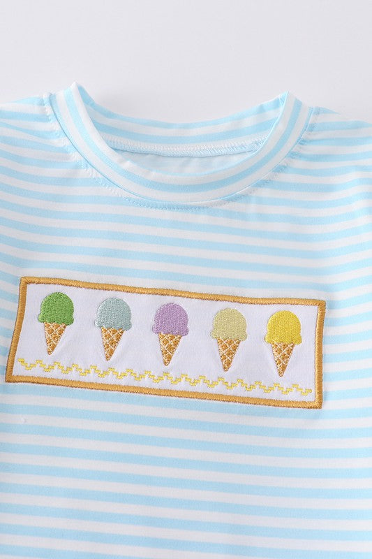 Blue stripe ice cream embroidery boy top