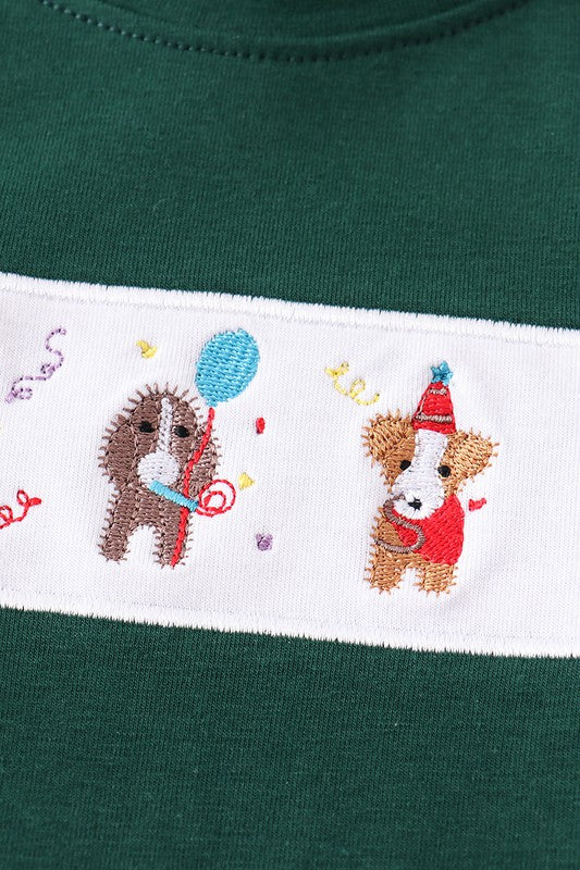 Green dog embroidery birtheday boy top