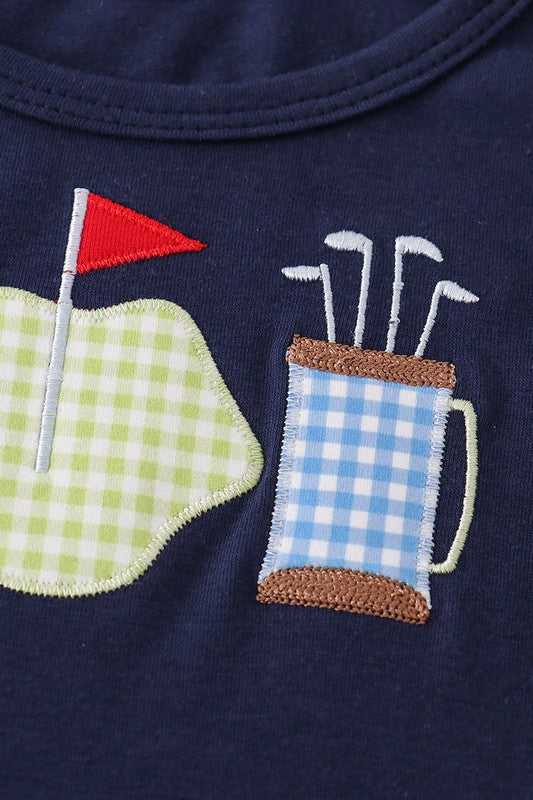 Navy golf embroidery ruffle plaid dress