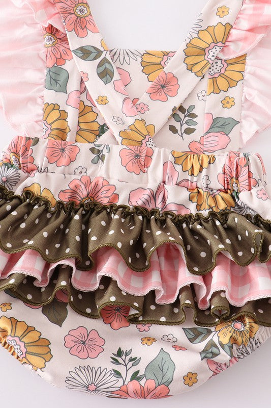 Coral floral print ruffle girl bubble