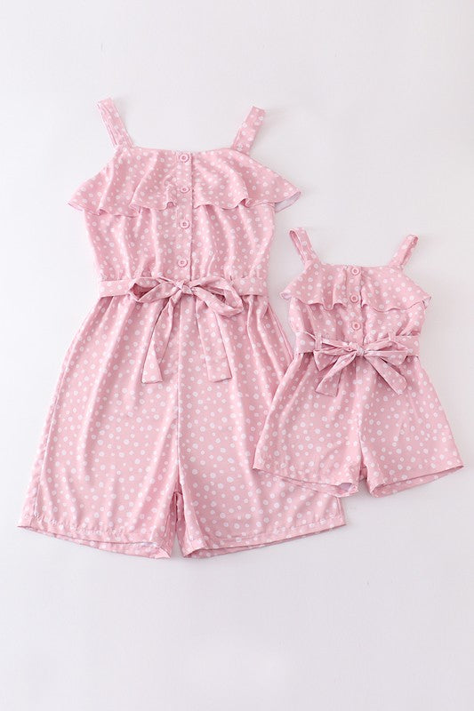 Pink dot print strap ruffle jumpsuit mommy & me