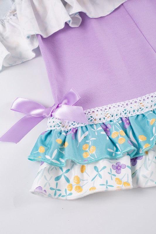 Purple floral print ruffle girl set