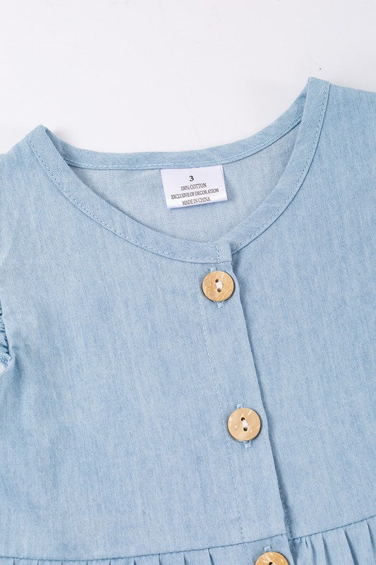 Blue ruffle button tiered denim dress