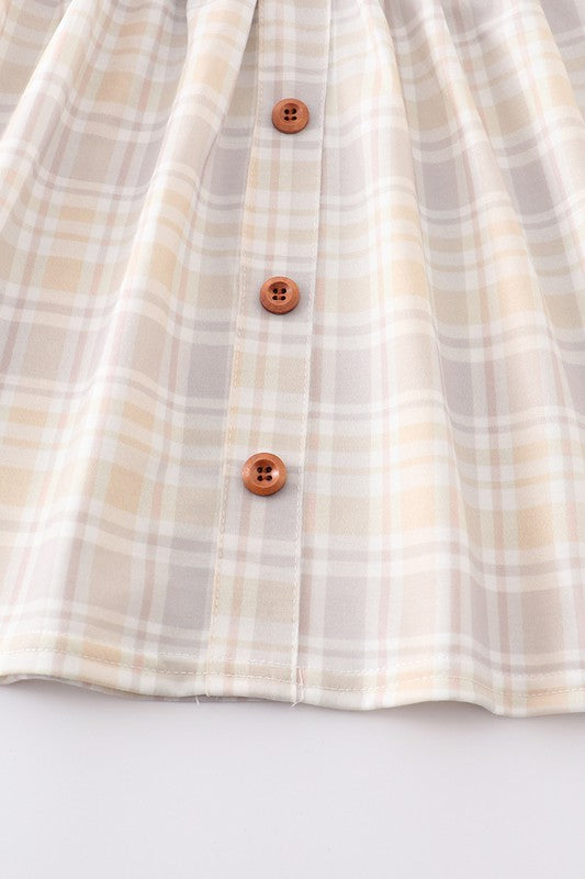 Plaid flutter trim buttons girl dress